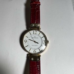 Anne Klein Gold Tone Watch w/ Red Leather Band